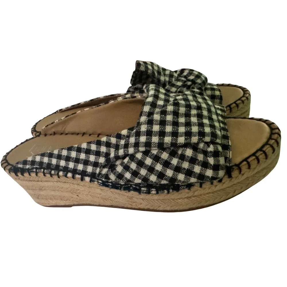 Franco Sarto‎ Patrice Gingham Espadrille Wedge Slide Sandals Black White 7.5M